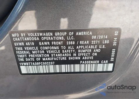 2015 Volkswagen Passat 1.8T Se from USA, damaged, VIN 1VWBT7A39FC002237
